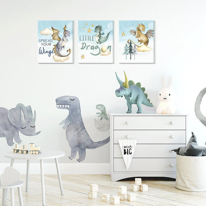 CHDITB Dinosaur Canvas Wall Art Nursery Wall Decor, Set of 6(8x10 inch) Cute Dream Dinosaur Cub Framed Art Prints, Baby Dinosaurs Cartoon Castle Animals Poster For Children's Boy Kids Room Bedroom