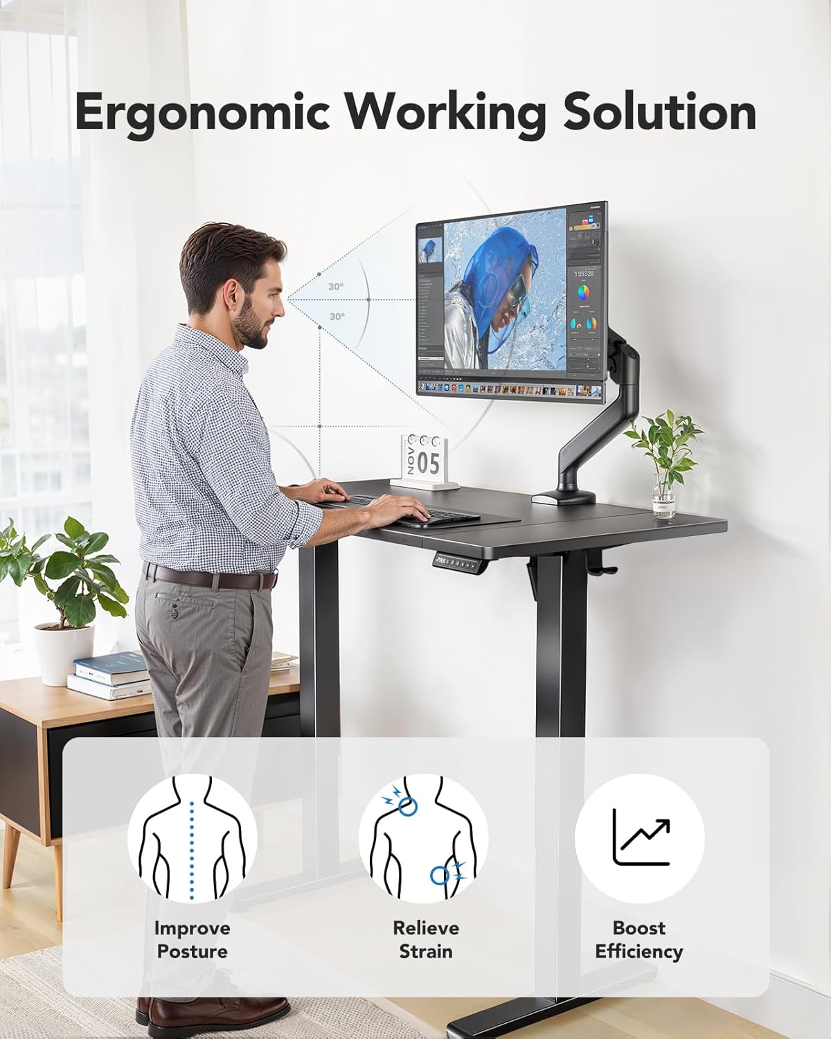 HUANUO 55 x 24 inch Electric Standing Desk, Height Adjustable Table with Headphone Hooks & Cable Manager, Sit to Stand up Desk for Home Office, Black