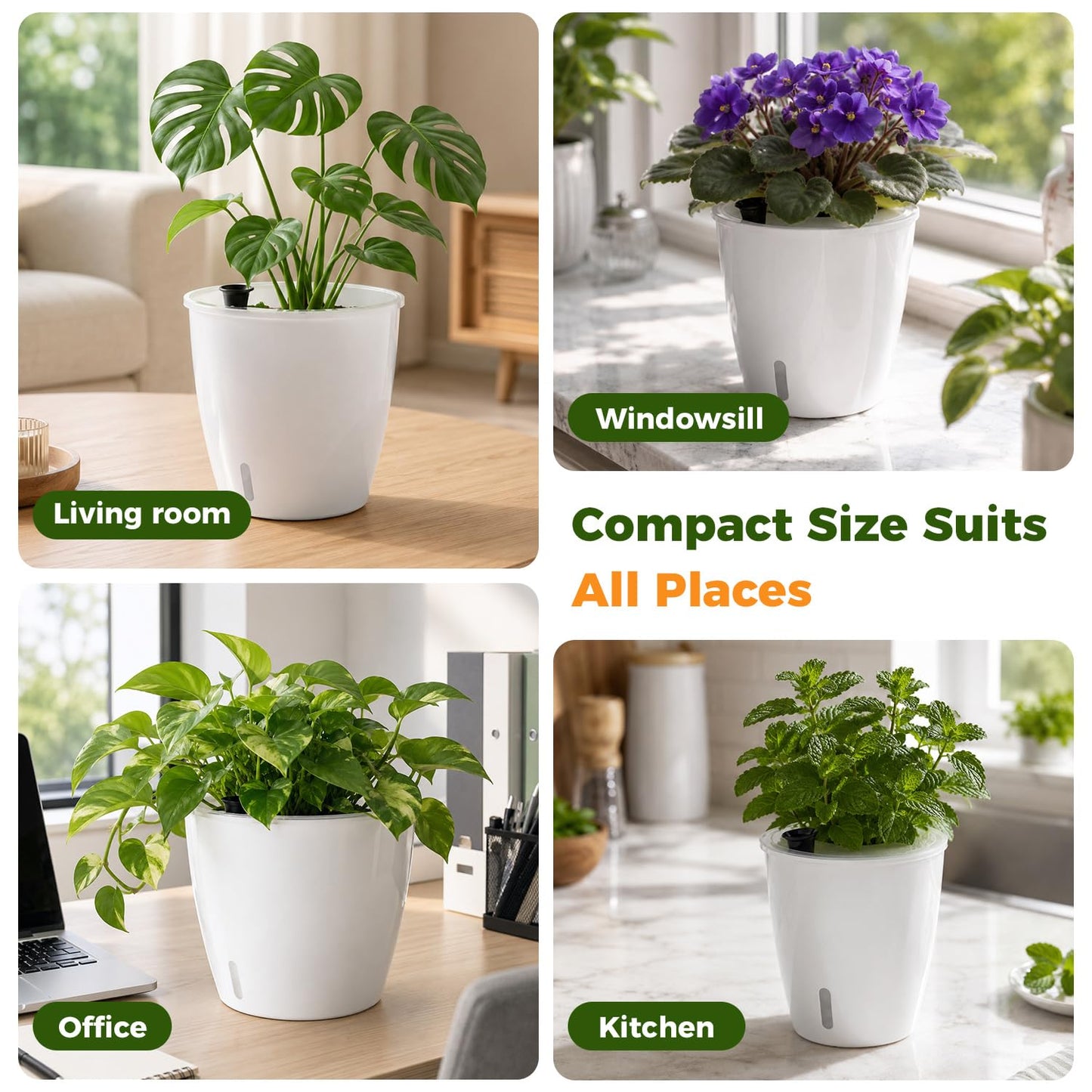 KvyusFlourish Upgraded Self Watering Pots for Indoor Plants, 4-Pack 5 Inch Top-Fill Self Watering Planter with Water Window, Orchid Pots, Clear Wick Inner Basket with Drainage, White
