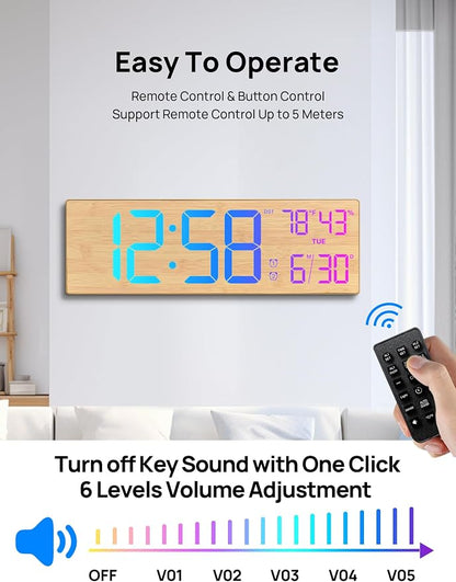 2026 Upgrade 18.5" Large Digital Wall Clock with Remote Control, Big LED Display Digital Clocks with Night Light, Alarm, DST, Temp for Parlor, Office, Classroom, Bedroom,Gifts for Seniors(Light Wood)