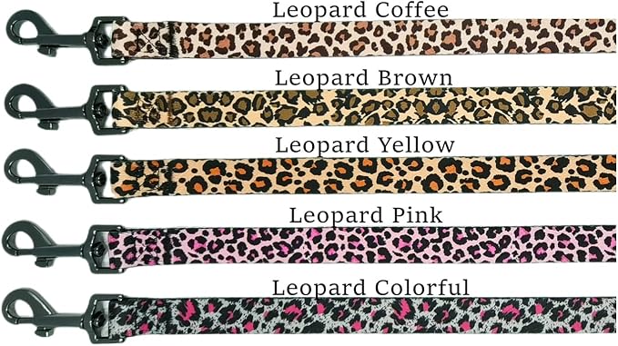 Dog Collar Leash Set, Leopard Pattern, Polyester Material, Adjustable Collar and 5ft Matching Leash, for Medium Dogs.(M, Yellow Leopard)