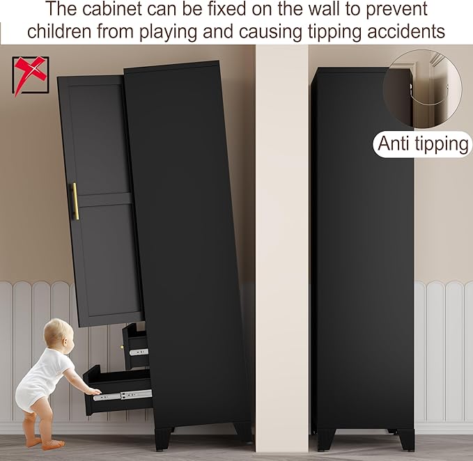 erosoei Metal Armoire Wardrobe Closet, 71 "Metal Clothing Storage Cabinet | with Mirror and Adjustable Shelves, Household Steel Wardrobe Storage Cabinet with 2 Drawers and Hanging Rod(Armoire-Black)