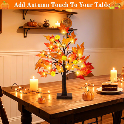 18 Inch Prelit Fall Maple Tree with Pumpkin Lights Timer Fall Decorations for Home, Battery Operated 24 Warm White LEDs for Autumn Halloween Thanksgiving Table Party Home Fall Decor Indoor Outdoor