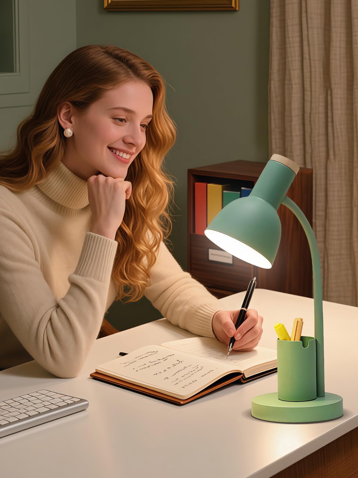 DSYHYL LED Desk Lamp for Home Office, Table Lamp with Pen Holder, 3 Color Modes Reading Light, Eye-Caring Desk Light with Gooseneck, Metal Study Lamp for Dorm Bedside Bedroom (Green Lamp)
