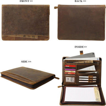 Ringsun Genuine Leather Portfolio with Zipper for Men Women, Padfolio Business Resume A4/Pad, Folder Organizer, Brown, RS01