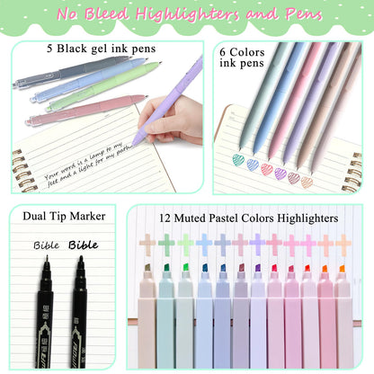 47Pcs Bible Study Supplies Journaling Kit with Large Pencil Case, Notebook, No-bleed Highlighters and Pens,Bible Bookmark Tabs Stickers, Book Study Annotation Kit for Women and Students,Green