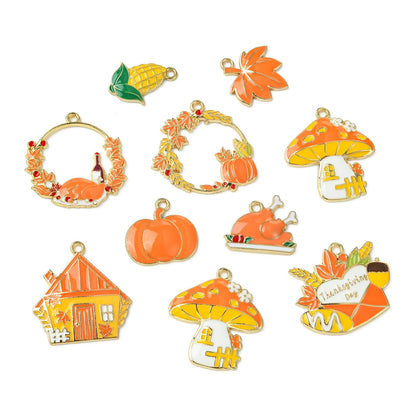 Ipotkitt 18pcs 9 Styles Thanksgiving Themed Enamel Charms Leaf Pumpkin Metal Charms Autumn Forest Hanging Ornaments for DIY Craft Bracelet Key Jewelry Making