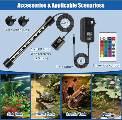 LED Aquarium Light with IP68 Waterproof and Memory Function Submersible Fish Tank Light with Remote and 16 Colors 7.5 Inches Brightness Adjustable Underwater Light Bar for Fish Tank Aquarium
