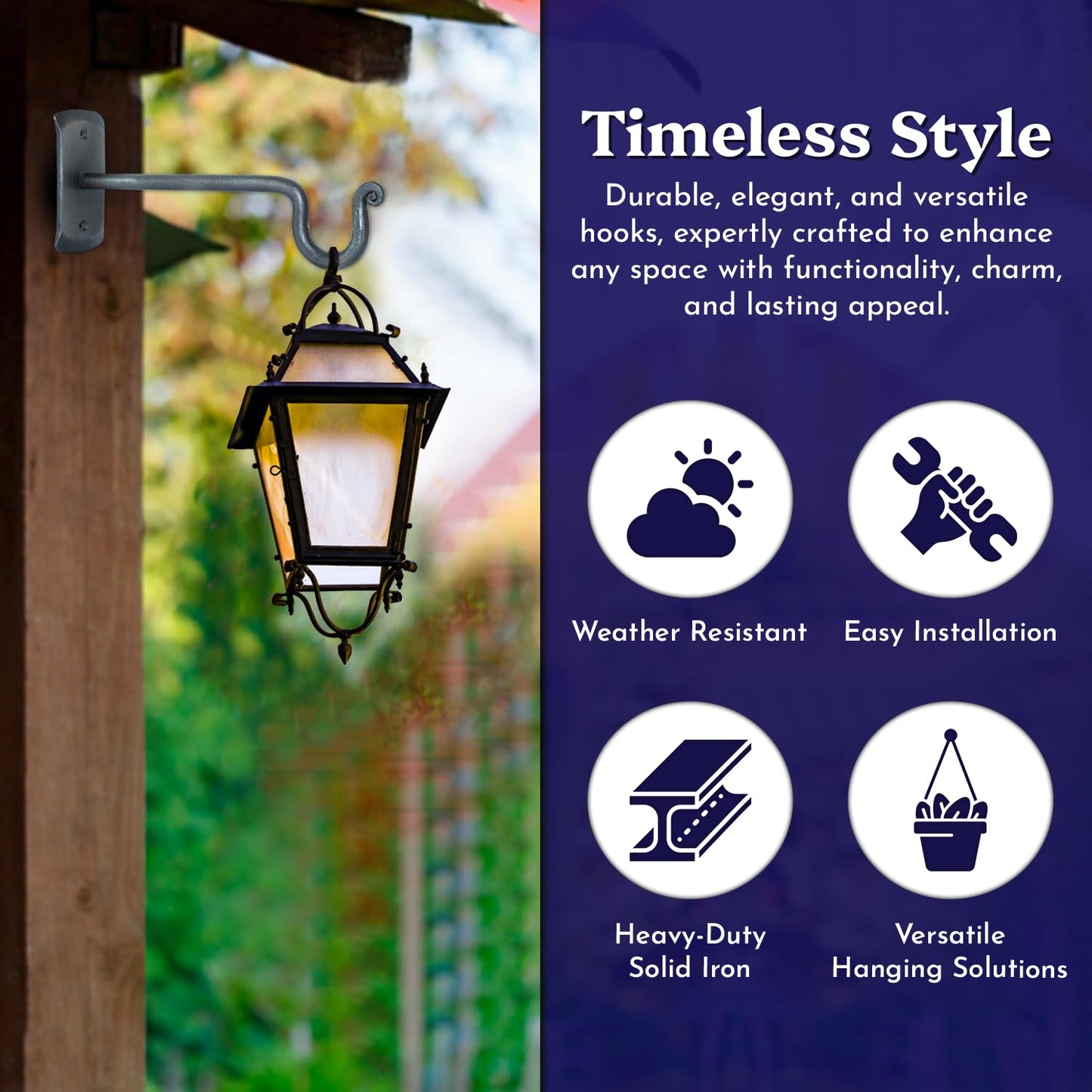 The Metal Magician 2Pc Plant Hangers Outdoor, Indoor, Wrought Iron Metal Hanger Indoor Hook, Heavy Duty Wall Bracket Hooks for Hanging Plants Baskets Lanterns Wind Chimes Black Swinging U-Shape