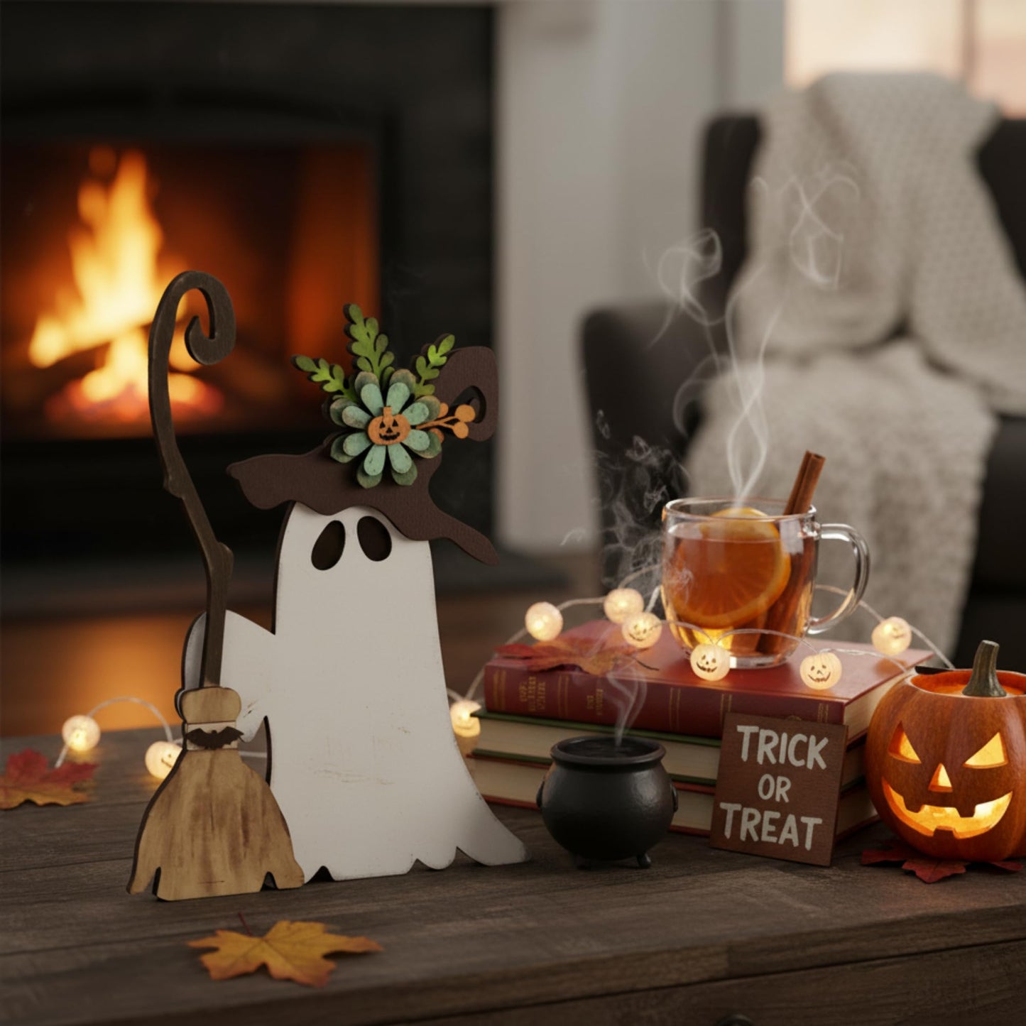 HH Family Halloween Table Decor Ghost Witch Rustic Wooden Decorations for Tiered Tray Shelf Mantel Party Display (Witch D1)