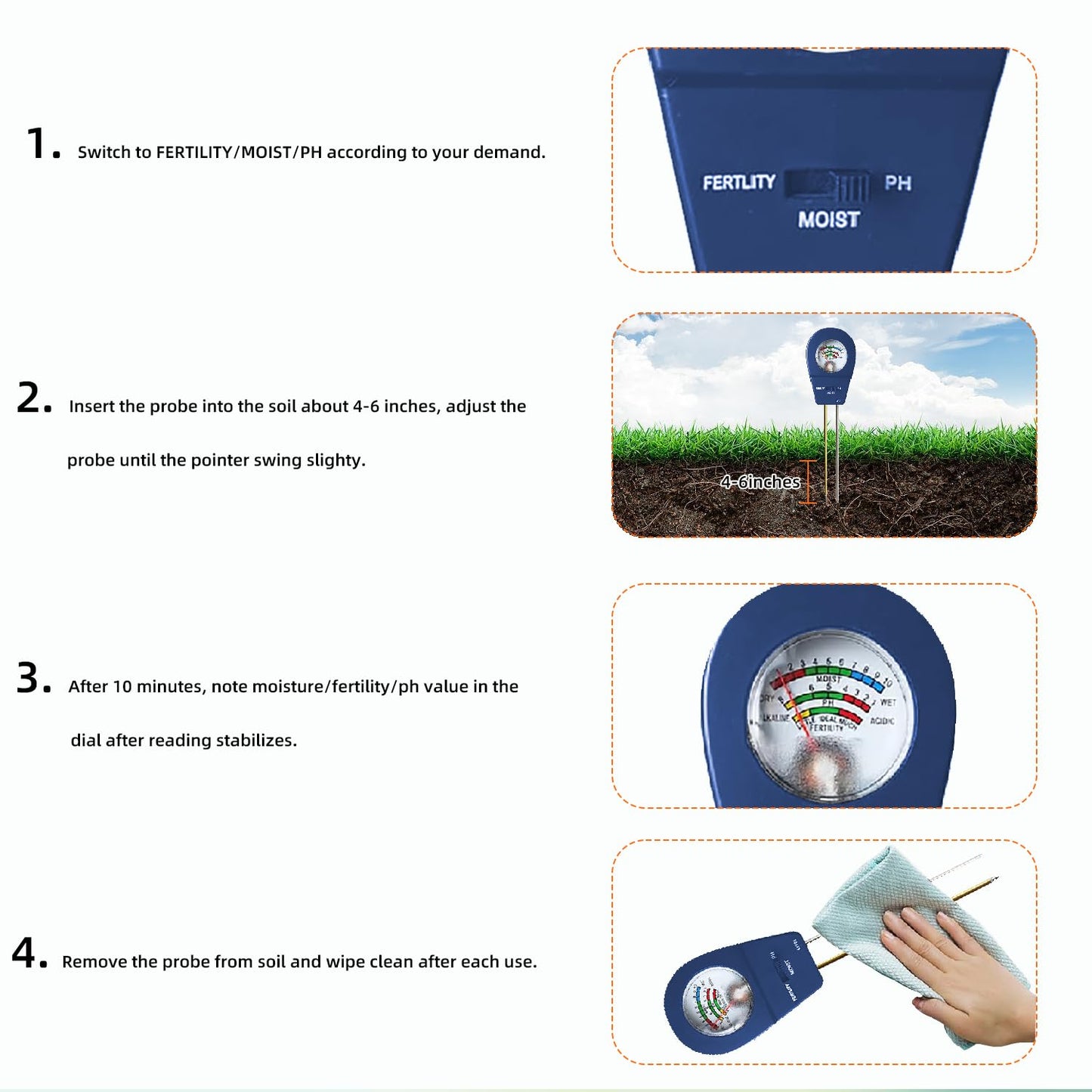 3-in-1 Soil Moisture Meter pH & Fertility Tester, No Battery Needed Plant Soil Test Kit for Houseplants, Garden, Lawn & Farm, Plug-and-Read Soil Acidity Meter for Indoor Outdoor Potted Plants (Blue)
