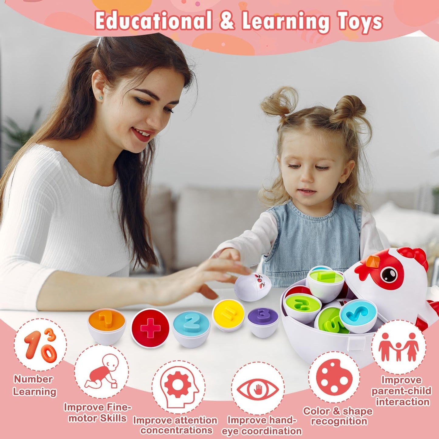 VROGTIK Easter Egg Matching Game, 24-Piece Easter Basket Stuffers for Kids, Color Shape Number Recognition Educational Toddler Toys, Chicken Storage Box Preschool Learning Toy for Boys Girls