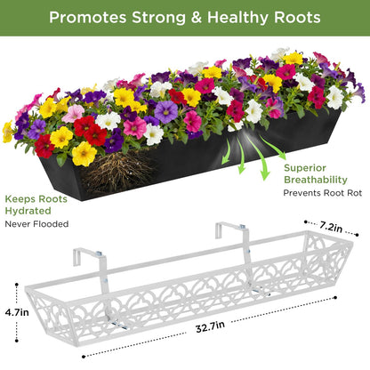 Y&M 4Pcs 36'' Railing Planter Box Set with Adjustable Brackets, Large Hanging Window Boxes for Fence, Deck, Balcony, and Garden, Gray Metal Frame with Black Nonwoven Fabric Liner
