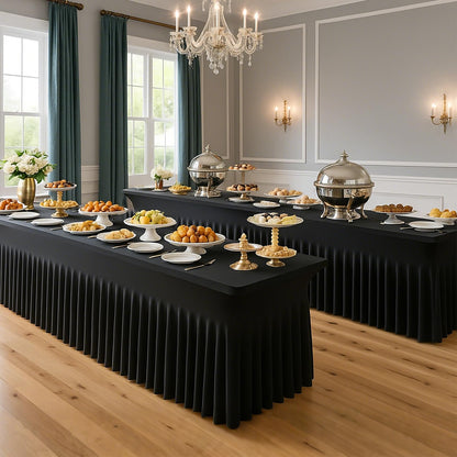 Deep Dream 2 Pack Black Spandex Table Covers 6 Foot, Fitted Stretch Tableclothes 30x72 Inch, Wrinkle Free 6FT Fitted Table Clothes with Skirt for Party, Banquet, Wedding and Events
