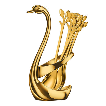 AnSaw Gold Swan Base With 10-Pcs Mini Leaf Coffee Spoon Holder Set - 4.7"