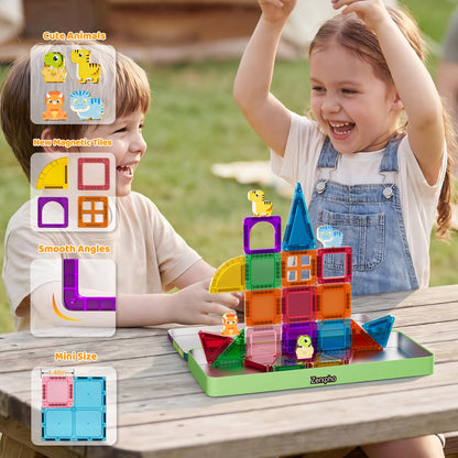 52PCS Mini Magnetic Tiles with Cute Animals, Travel Size Magnetic Construction Toys with Storage Box, Magnetic Blocks Building Toy for Kids Ages 4-8, Ideal Gift for Boys Girls Halloween Birthday