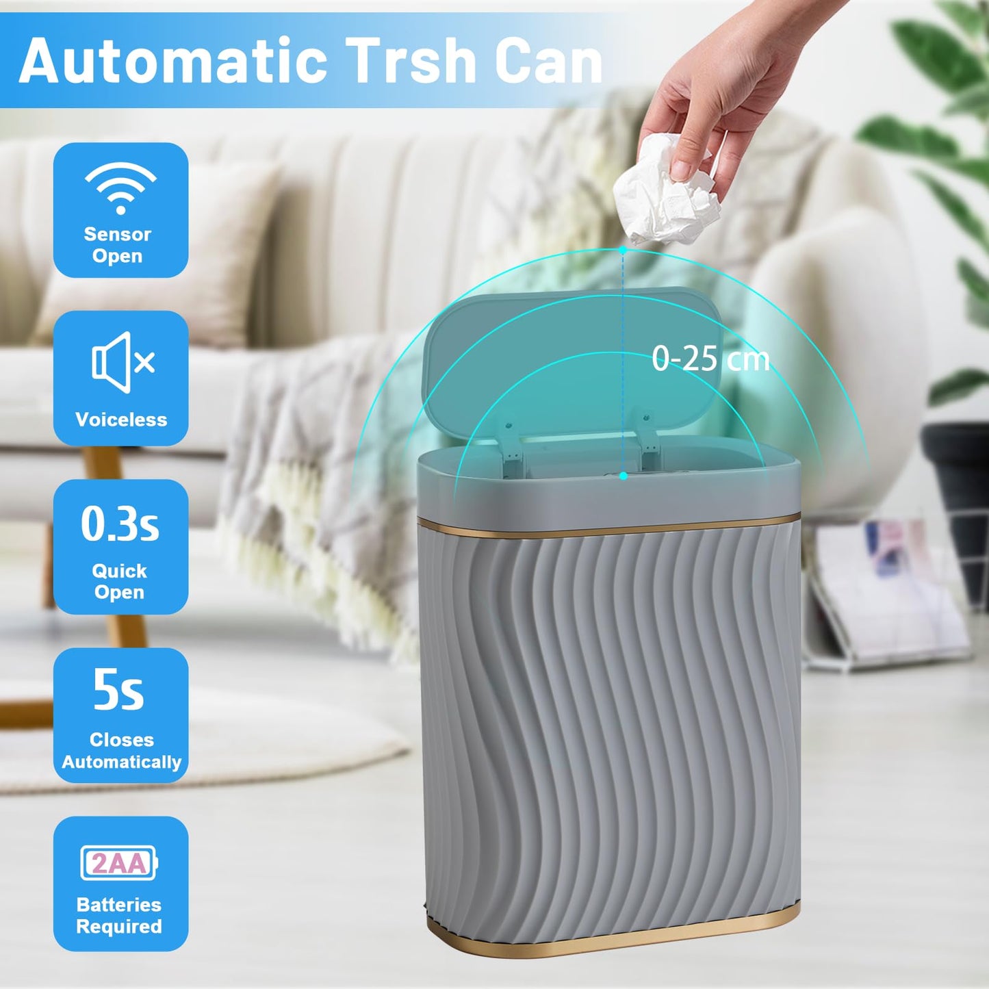 Ogikey Bathroom Small Trash Can with Automatic Touchless Lid, 2.6 Gallon Smart Garbage Can Narrow Waterproof Trash Bin for Bedroom, Office, Living Room