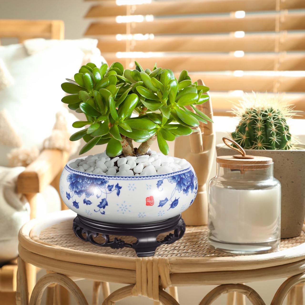 DOITOOL Ceramic Flowerpot Small Hydroponic Daffodil Pot with Base Indoor Bonsai Plant Container for Water Lily Lotus and Succulents 4.13X6.3X4.13 Inches