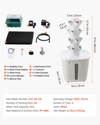 VEVOR Hydroponic Tower, 20 Pods 4 Tiers Hydroponics Growing System Kit, Vertical Home Hydronic Garden with 20L Water Tank & Pump, Planter Plants Germination Kit for Indoor Herbs, Fruits, Vegetables