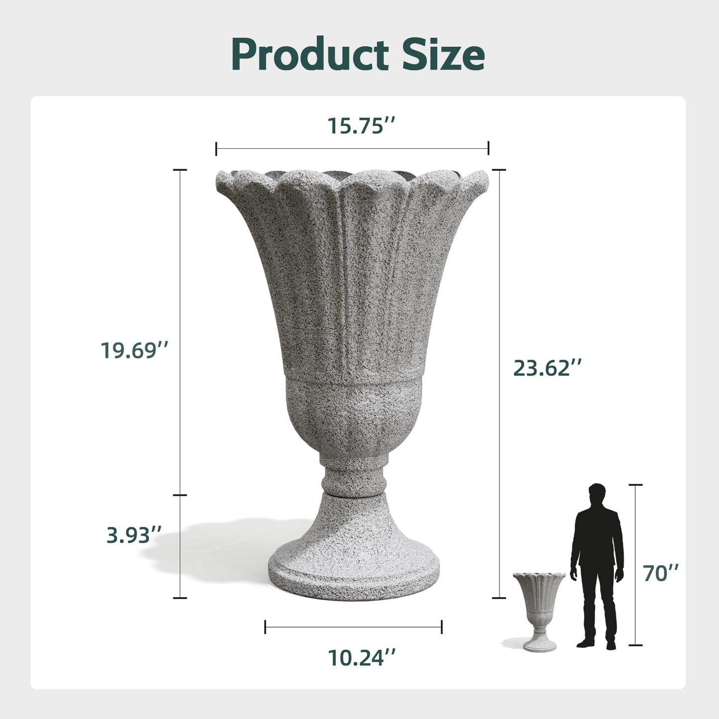 Trygoal 23.6" Tall Plastic Urn Planters for Outdoor Plants, Set of 2 Heavy-Duty Classic Indoor Large Flower Pots with Drainage Holes & Petal Design, Outdoor Planters for Porch, Home Garden, Grey