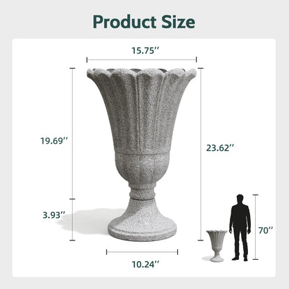 Trygoal 23.6" Tall Plastic Urn Planters for Outdoor Plants, Set of 2 Heavy-Duty Classic Indoor Large Flower Pots with Drainage Holes & Petal Design, Outdoor Planters for Porch, Home Garden, Grey