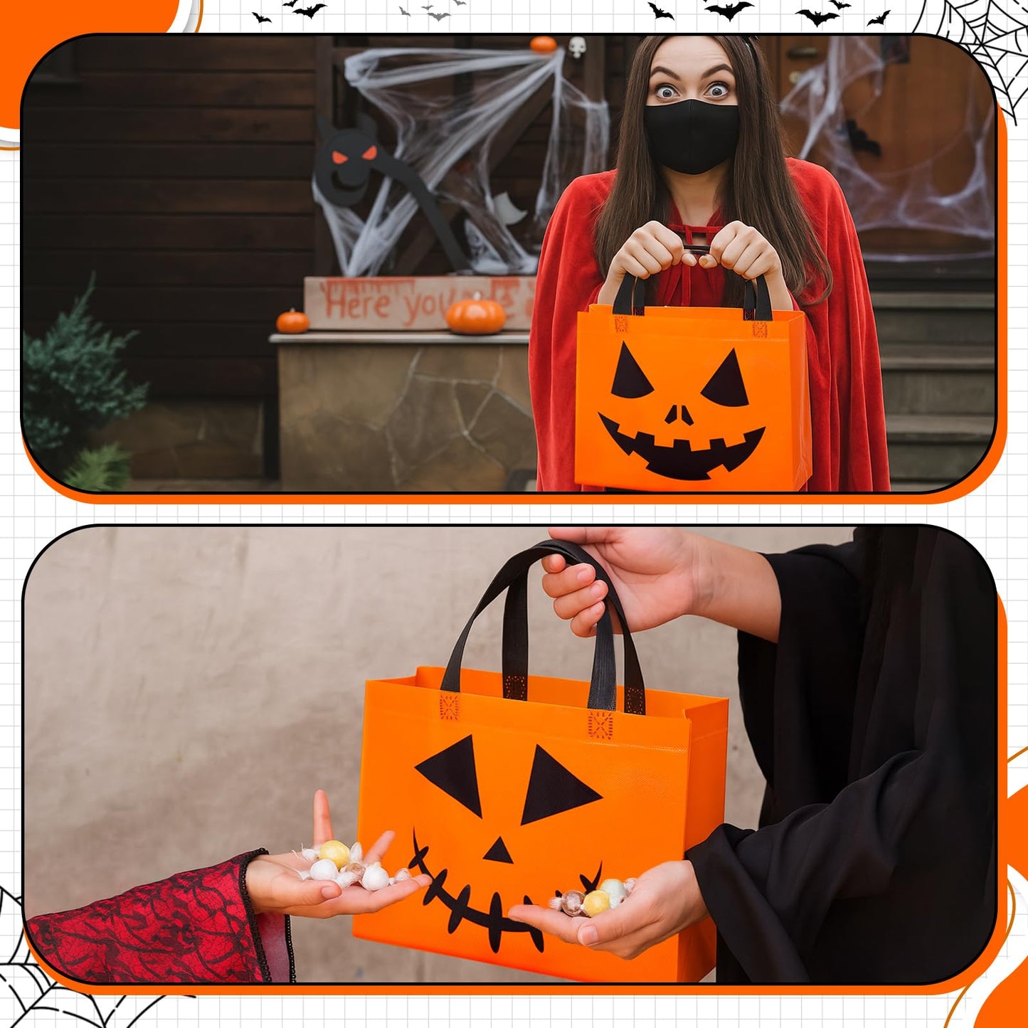 Lincia 48 Pcs Halloween Non Woven Pumpkin Bag 12.6 x 9.8 Inch Reusable Trick or Treat Gift Candy Goodie Handles Bag for Halloween Birthday Party Favors Classroom
