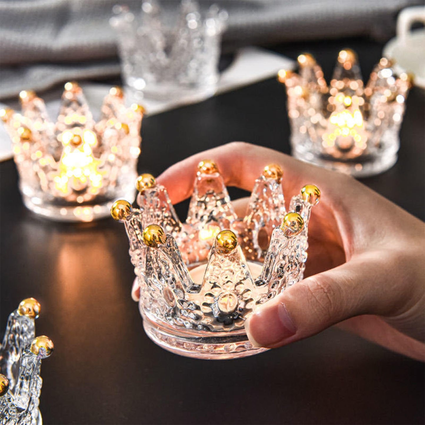 LOLYSIC 6 Pack Votive Candle Holders, Crown Glass Tealight Candle Holder for Wedding, Party, Home Decoration, Jewelry Storage Tray