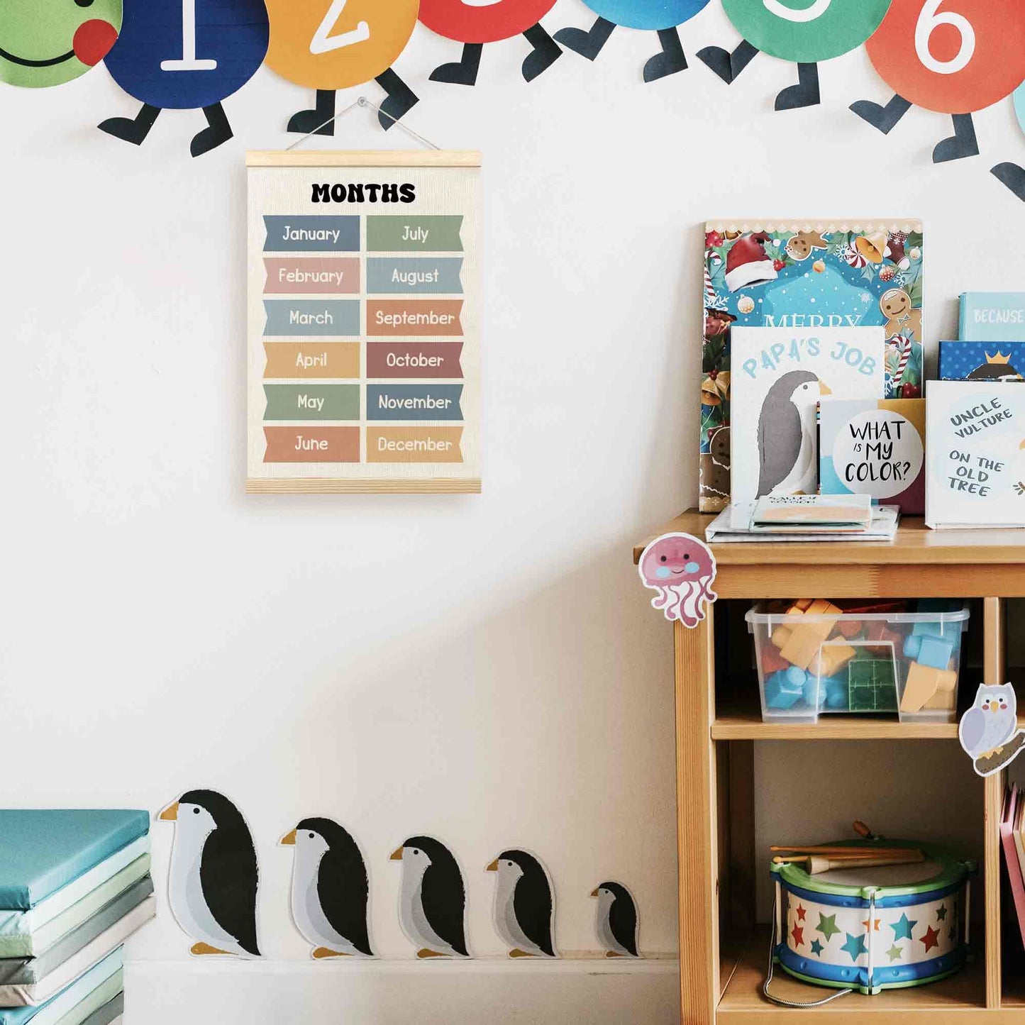 TLESKE Boho Classroom Months of the Year Poster Hanger Frame, Homeschool Hanging Wall Art Decor for Toddler Kids Room Nursery Playroom, Preschool Prek Learning Educational Poster Print Banner, 12x16