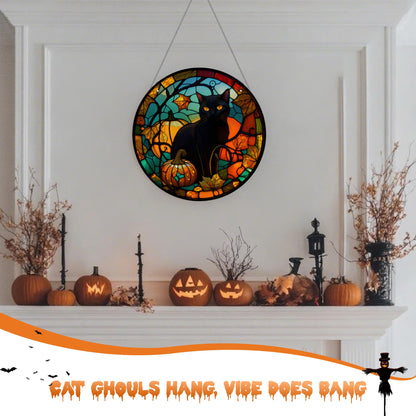 Halloween Decor, Black Cat Halloween Wreath Acrylic Window Hanging Decorations for Door Garden Bathroom Gifts Indoor Outdoor (Black cat)