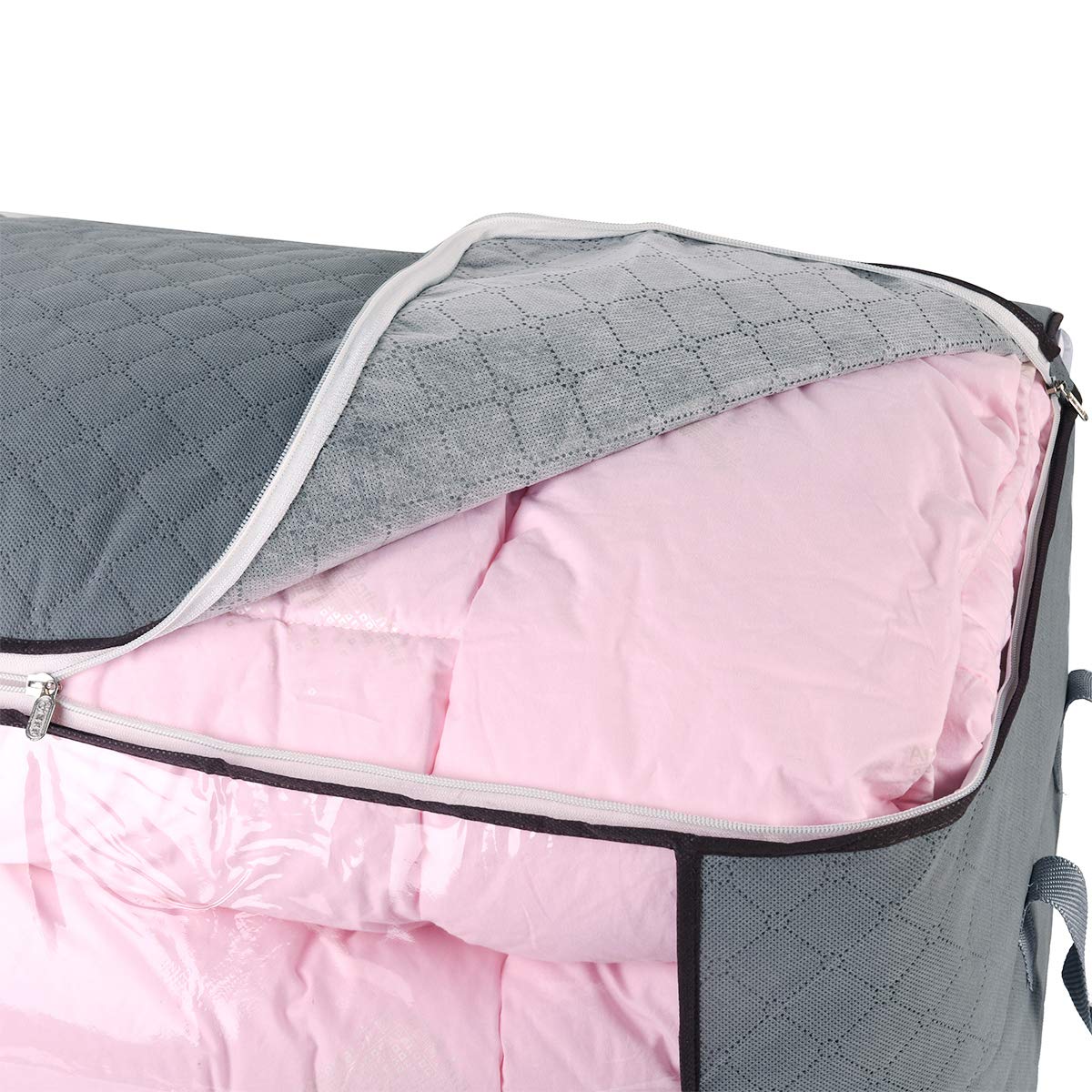 combocube Comforter Storage Bag, Jumbo Zippered Bag with Large Clear Window and Carry Handles, Space Saver Organizers for Closet, Blanket, Pillow, Quilt, Bedding, Clothes (2Pcs Grey Large)