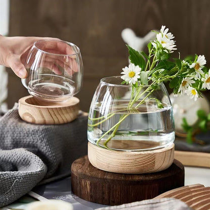 Asodomo Clear Glass Vase Fish Bowl Hydroponic Plant Vase with Wood Base Desktop Planter Terrarium Vases for Table Centerpiece Bedroom Living Room Home Office Decor (XL)
