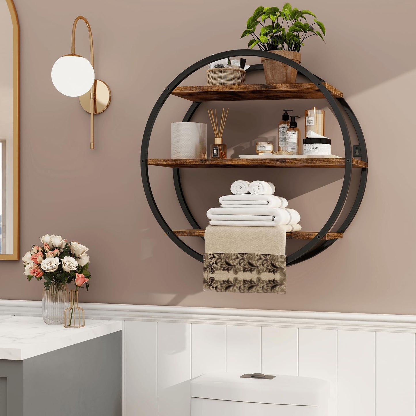 BCOZLUX Floating Shelves, 3 Tier Decorative Geometric Circle Metal and Wood Wall Shelves, Bathroom Shelf Round Wall Decor, Rustic Brown