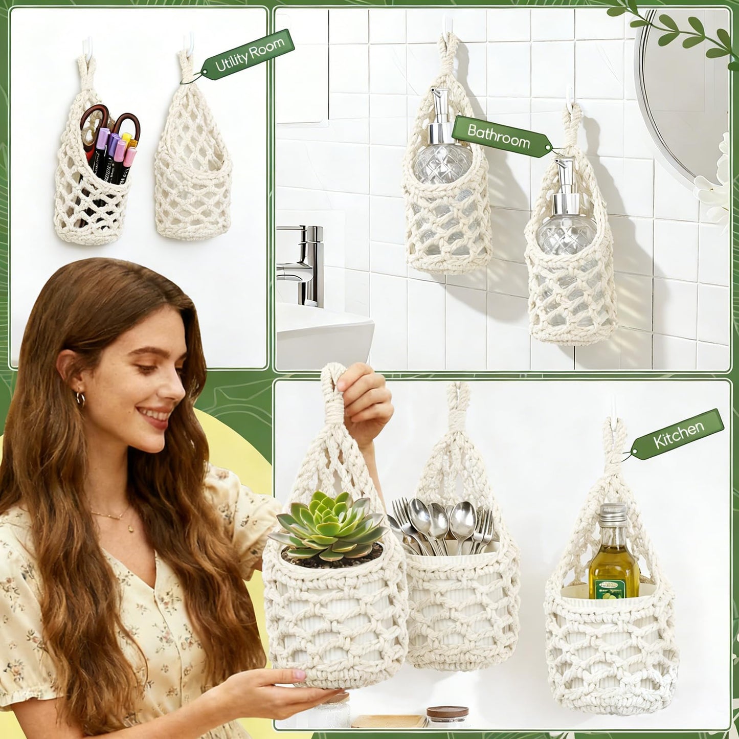 HOREAKHJ Macrame Wall Plant Hanger, Hanging Planter Basket Holder, Wall Planters for Indoor Plants, for Up to 4 Inch Pot (Ivory, 4-Inch)