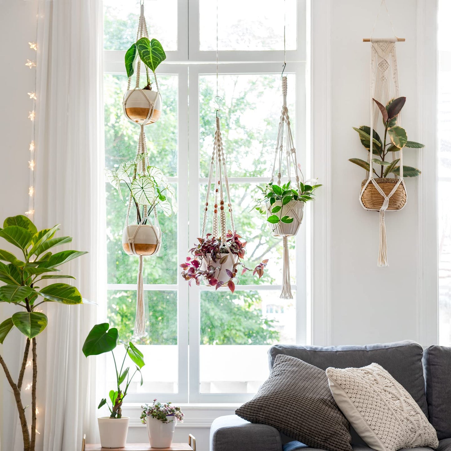 Mkono Macrame Plant Hangers and Ceiling Hooks Set of 8 Indoor Hanging Planter Basket Wall Decorative Flower Pot Holder for Indoor Outdoor Home Decor Gift Box