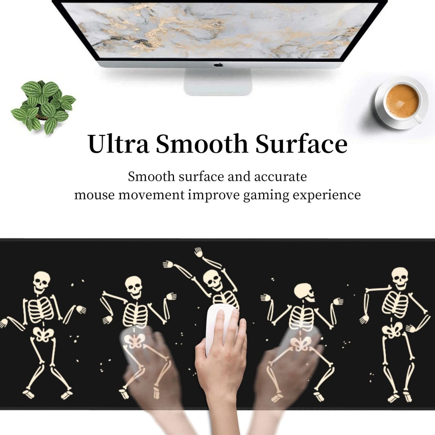 Dancing Skeleton Large Gaming Mouse Pad, Black Halloween Themed Extended Desk Mat with Non-Slip Base for Office & Home Decor 31.5 X 11.8 Inch