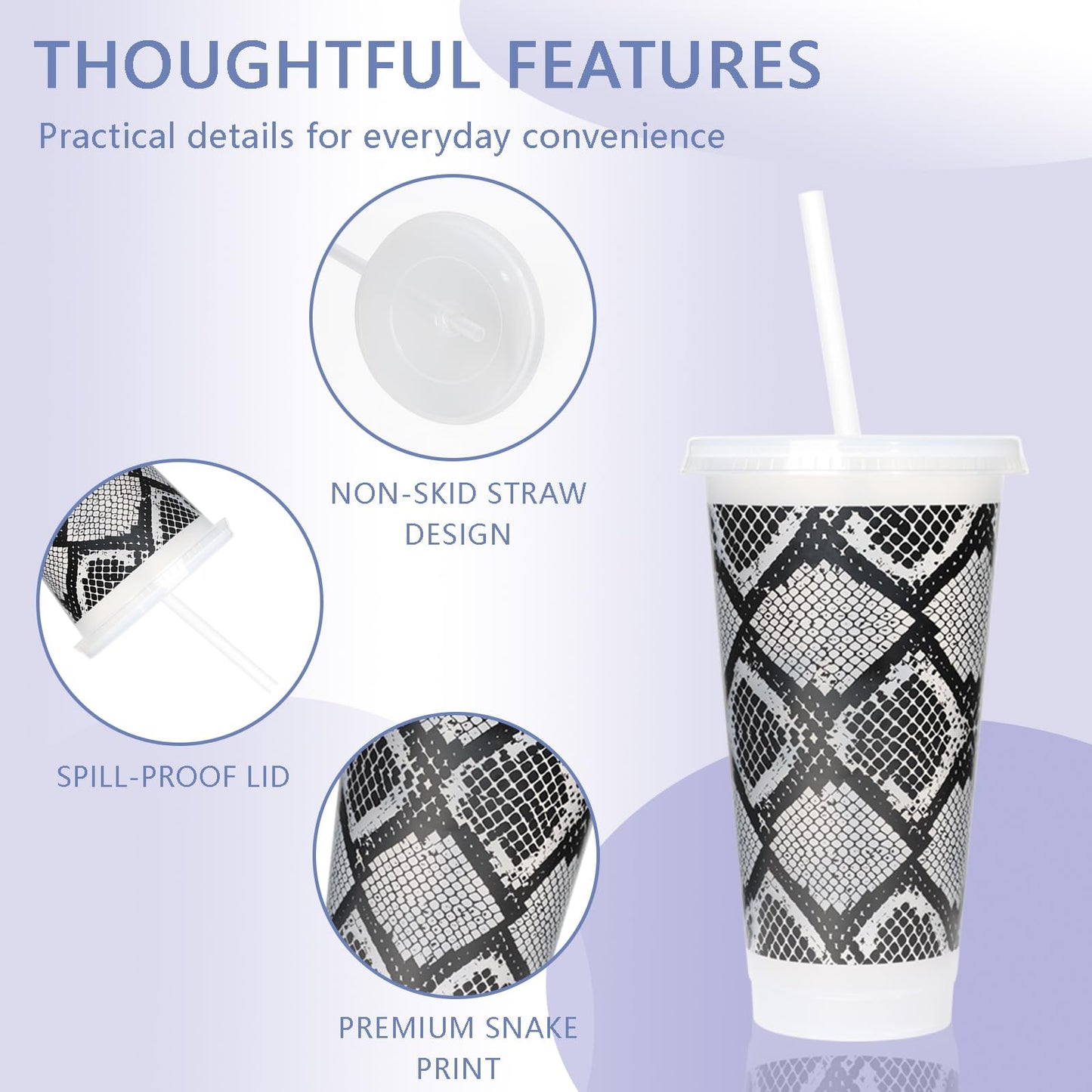 LIONSOUL 12 Pack Snake Print Reusable Cups with Lids and Straws 24 oz Plastic Tumblers Bulk Snakeskin Pattern Party Cups for Birthday Halloween Fashion Theme Party Supplies