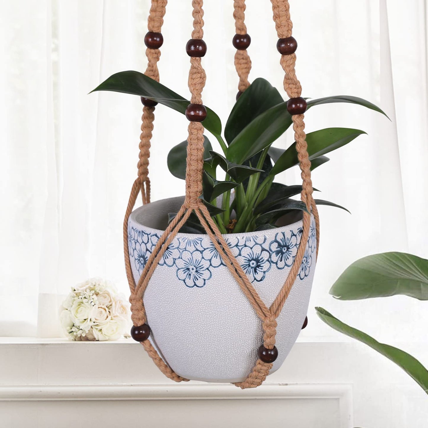 MKO SHUN 3-Pack Macrame Plant Hanger Indoor - Hanging Planter Basket for Indoor Outdoor - Decorative Boho Plant Holders Set with Beads - Ceiling Flower Pot Holder with 6 Hooks - 35"/30"/24" Brown