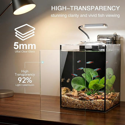 2.2 Gallon Betta Fish Tank, Small Aquarium Kit,Glass Small Fish Tank,Betta Fish Tank with a lid and Light and Filter, Small Transparent Glass Fish Tank with Light and Filter(Black Glass Background)