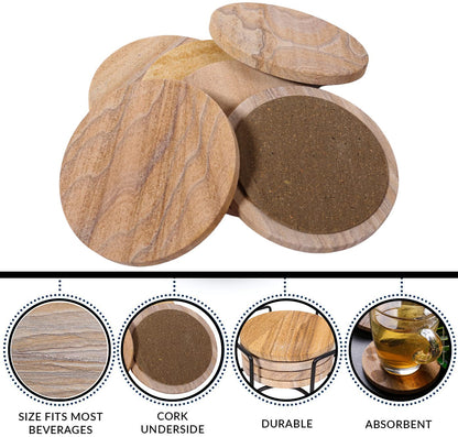 Marbco Sandstone Water Absorbent Hand Crafted Round Coasters for Drinks - 4 Inches Wide Thirsty Stone Bar/Drink Coasters- Made from Rainbow Sandstone (Set of 6 Without Holder)