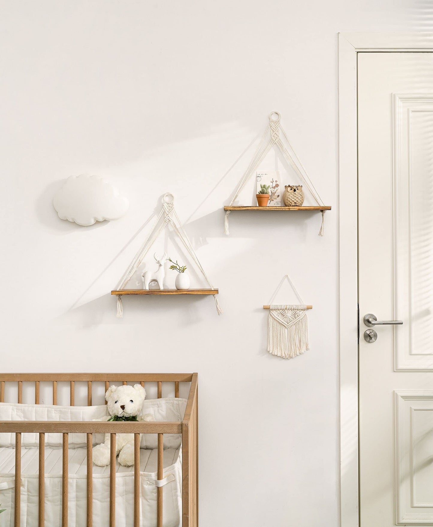 Mkono Macrame Hanging Shelves Boho Wall Decor Set of 2 and Bedside Shelf Organizer with Hooks