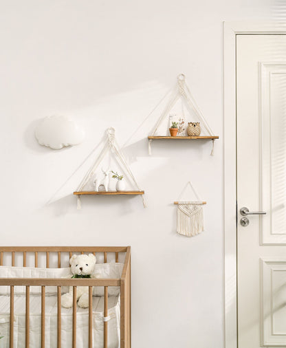 Mkono Macrame Hanging Shelves Boho Wall Decor Set of 2 and Bedside Shelf Organizer with Hooks