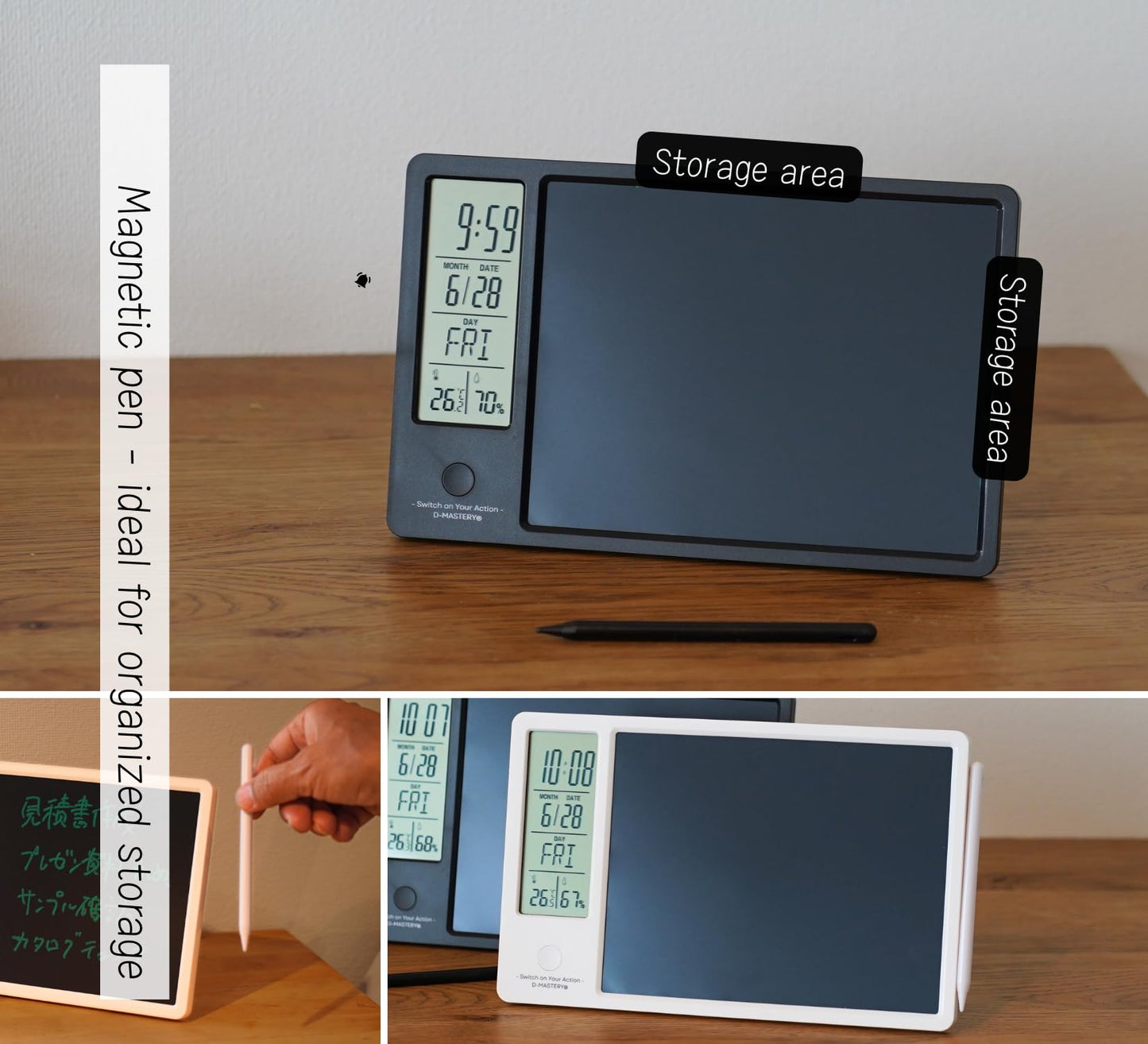 Electronic memo pad, Electronic Tablet, Handwritten memo, Message Board, Thermometer, Hygrometer, Alarm, Desk Calendar, with Stand, Rechargeable, Magnetic Pen, Office, or Gift (Black)