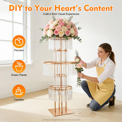 2 PCS 5 Tier Crystal Flower Stands, 43.3in Tall Wedding Centerpieces, Crystal Flower Stand with Hanging Crystals for a Wedding, Birthday Party, Celebration, Home Decoration, Living Room (Gold, Square)