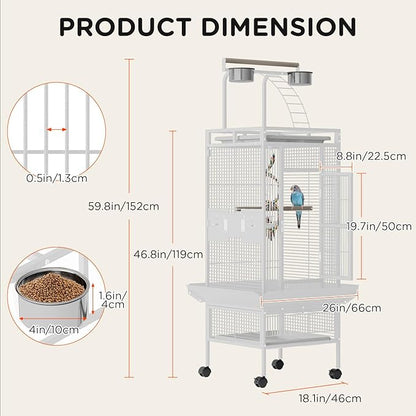 60 Inch Wrought Iron Large Bird Cage with Rolling Stand, Metal Parrot Cage with Play Top & 4 Stainless Steel Bowls for African Grey Cockatiel Sun Parakeet Green Cheek Conure Lovebird Budgie, White
