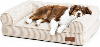 FUKUMARU Cute Dog Bed, Thickened Orthopedic Dogs Couch, 36in Egg Crate Foam Pet Sofa for Medium to Large Dogs, Waterproof Warm Corduroy Pet Bed with Washable Cover, Cream