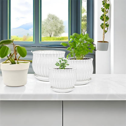Yesland Ceramic Flower Plant Pots with Saucer, Set of 3 in Different Sizes, Modern Round Ceramic Succulent Planter Pots with White Stripe Texture for Garden