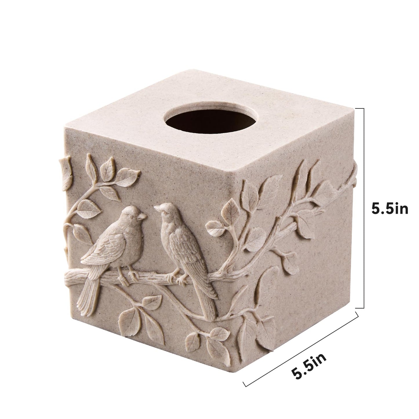 Beige Sandstone Relief Birds Square Tissue Box Cover Decorative,Resin Heavy Sturdy Tissue Box Holder, Facial Paper Holder for Bathroom Vanity Countertop, Bedroom Night Stand,Office and End Table