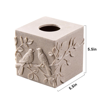 Beige Sandstone Relief Birds Square Tissue Box Cover Decorative,Resin Heavy Sturdy Tissue Box Holder, Facial Paper Holder for Bathroom Vanity Countertop, Bedroom Night Stand,Office and End Table
