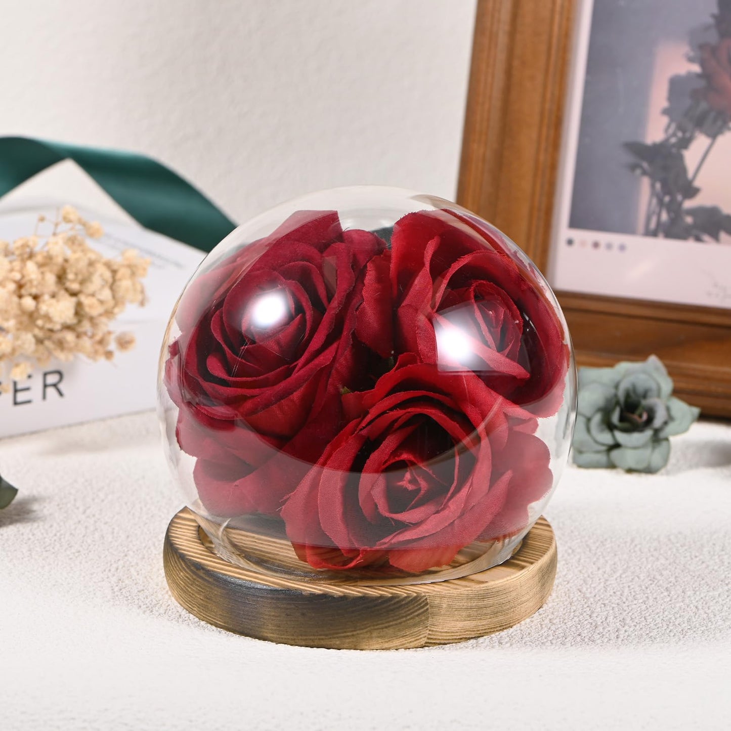 M METERXITY Cloche Glass Dome, D4.7In Ball Jar with Wooden Base for DIY Snow Globes/Small Plants/Flowers/Candles/Models/Souvenirs, Glass Display Case [Burnt]