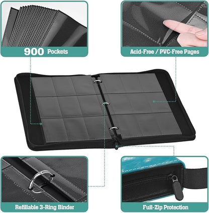 TCG Trading Card Binder, 900 Pockets, 3-Ring Zipper with 50 Double-Sided 9-Pocket Pages, Fits 2.5" x 3.5" Cards, Acid-Free PVC-Free PP Pages, PU Cover, White Cat & Butterfly Design